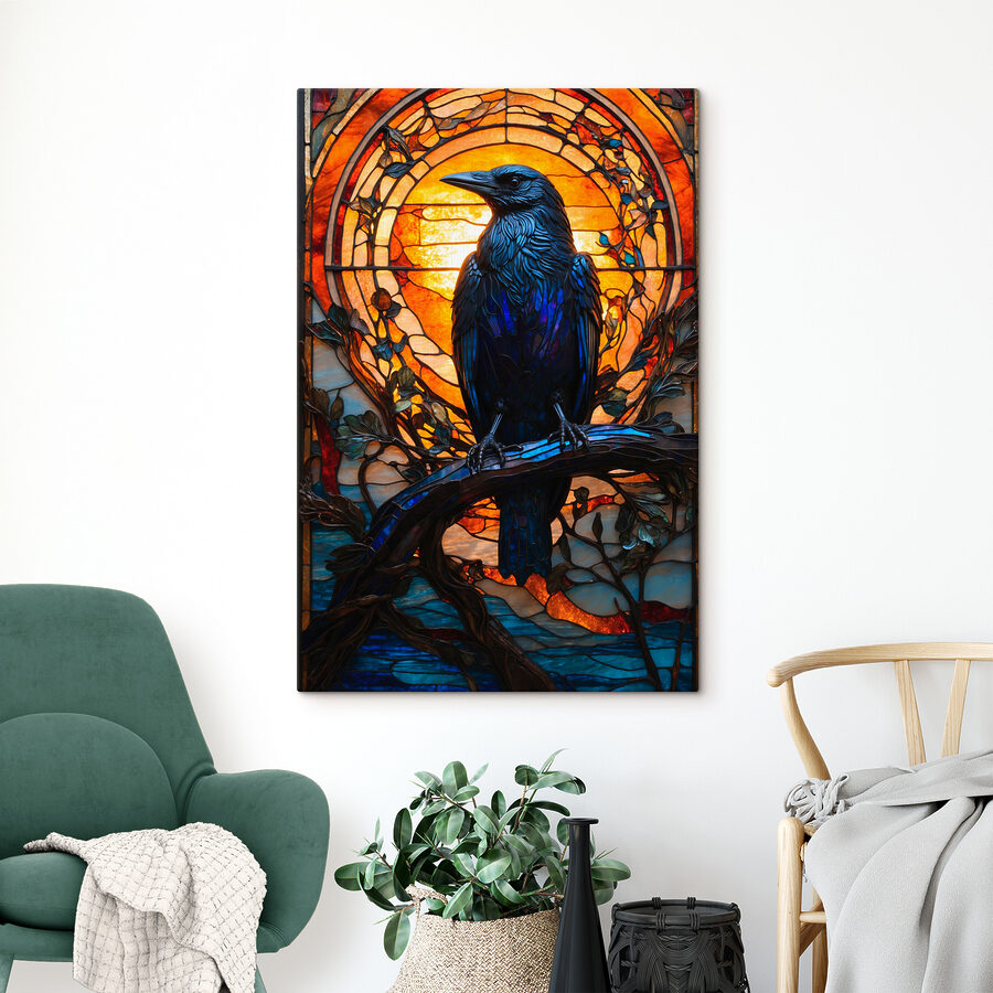 Canvas Schilderijen Een glas-in-loodraam met een vogel op een tak - Afbeelding 3