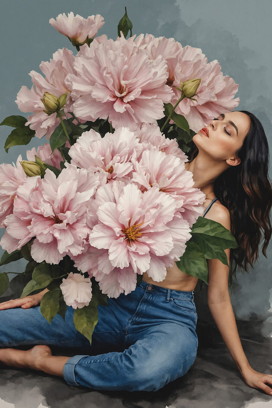 Een vrouw zittend op een vloer met een groot boeket bloemen