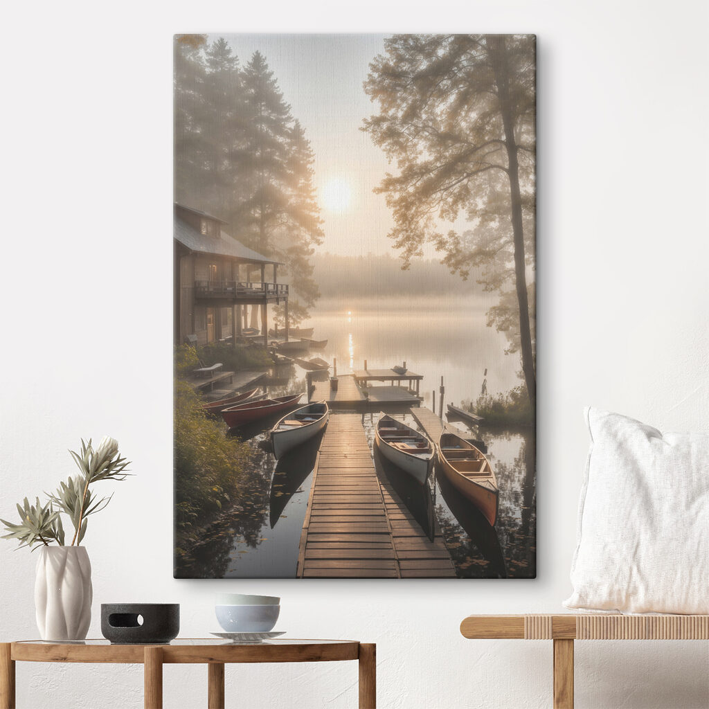 A dock with boats and a house on the water