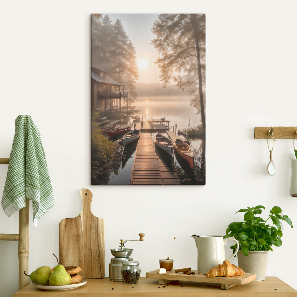 A dock with boats and a house on the water