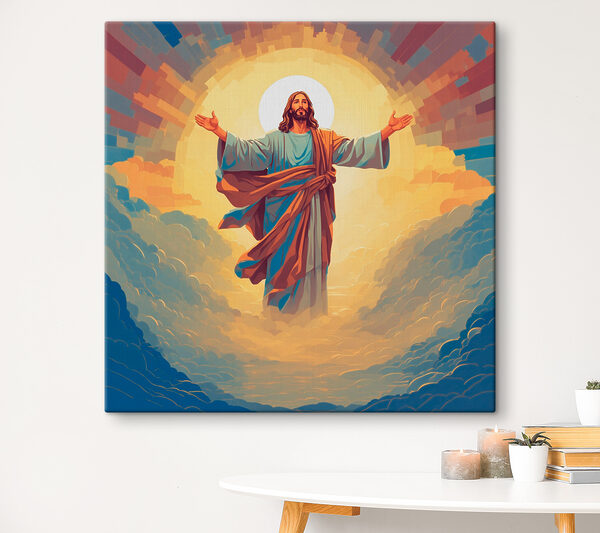 Een schilderij van een man in een gewaad met zijn armen in de lucht Een schilderij van een man in een gewaad met zijn armen in de lucht
