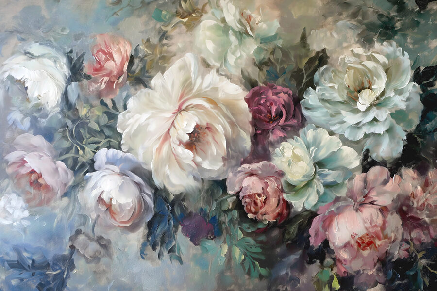 Een schilderij van bloemen op een blauwe achtergrond