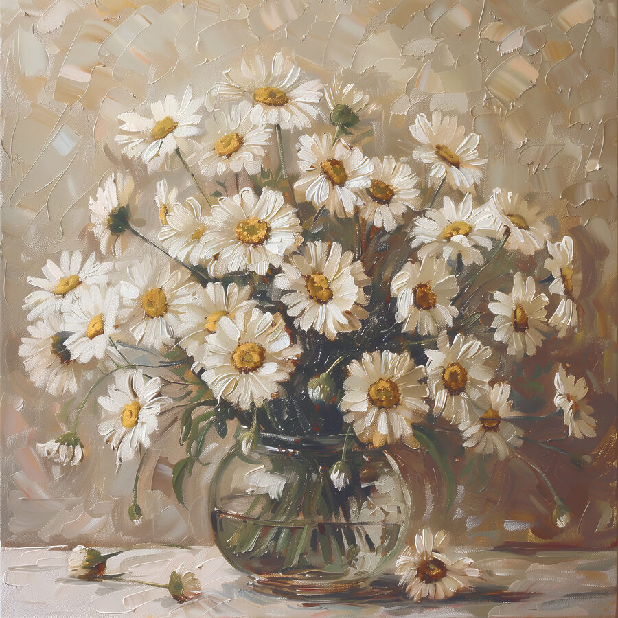 Een schilderij van een vaas met bloemen
