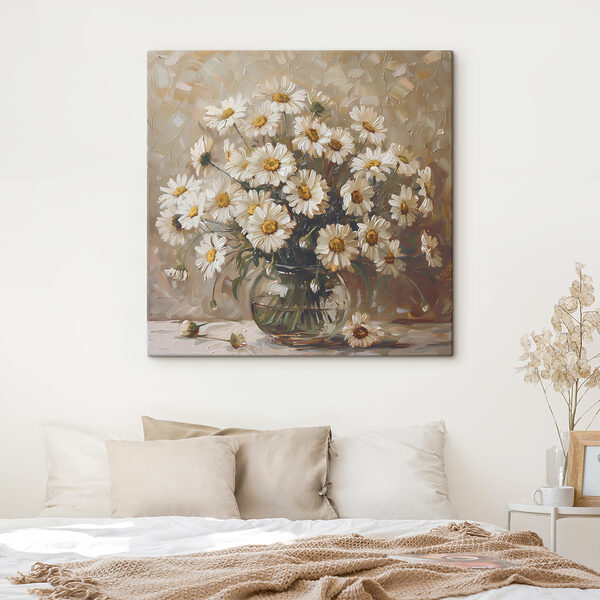 Een schilderij van een vaas met bloemen Een schilderij van een vaas met bloemen