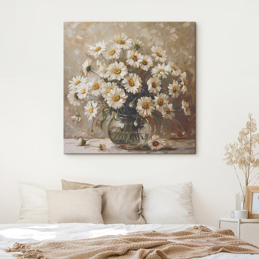 Een schilderij van een vaas met bloemen