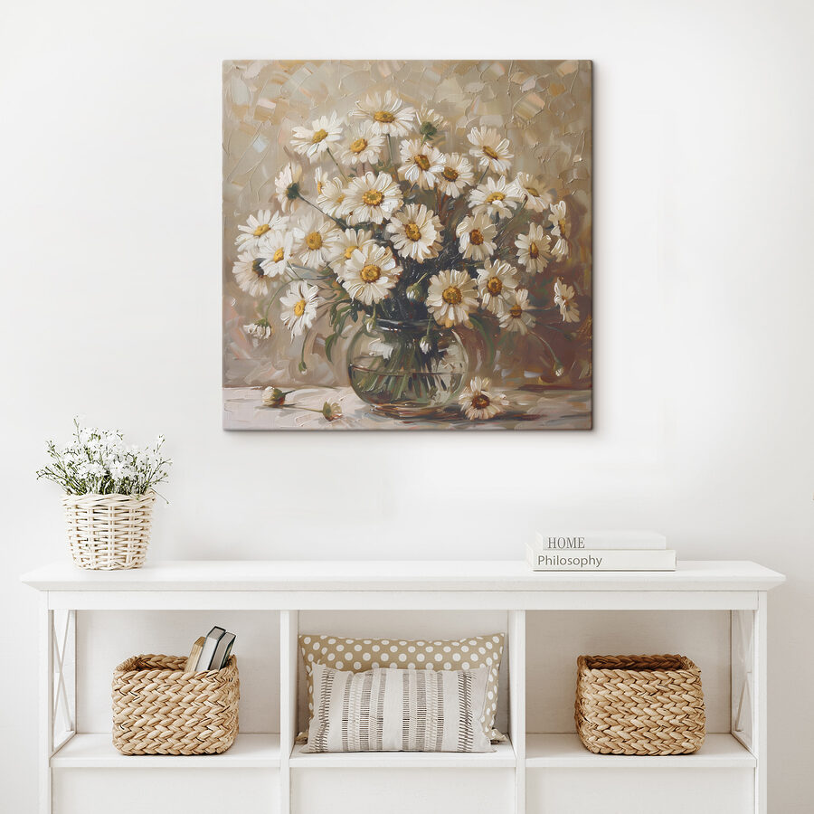 Een schilderij van een vaas met bloemen