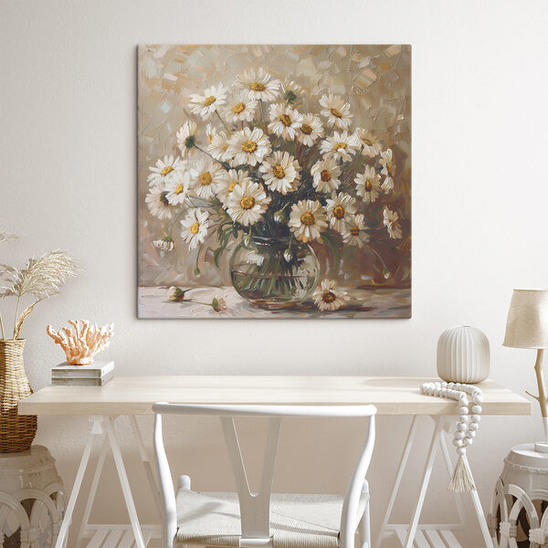 Een schilderij van een vaas met bloemen Een schilderij van een vaas met bloemen