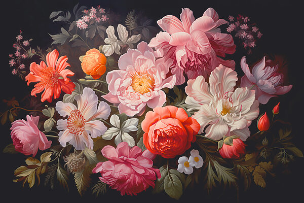 Een schilderij van bloemen op een zwarte achtergrond Een schilderij van bloemen op een zwarte achtergrond