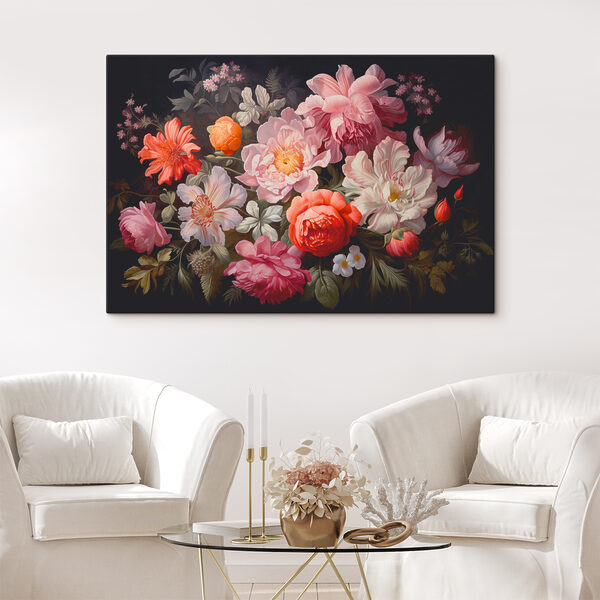 Een schilderij van bloemen op een zwarte achtergrond Een schilderij van bloemen op een zwarte achtergrond