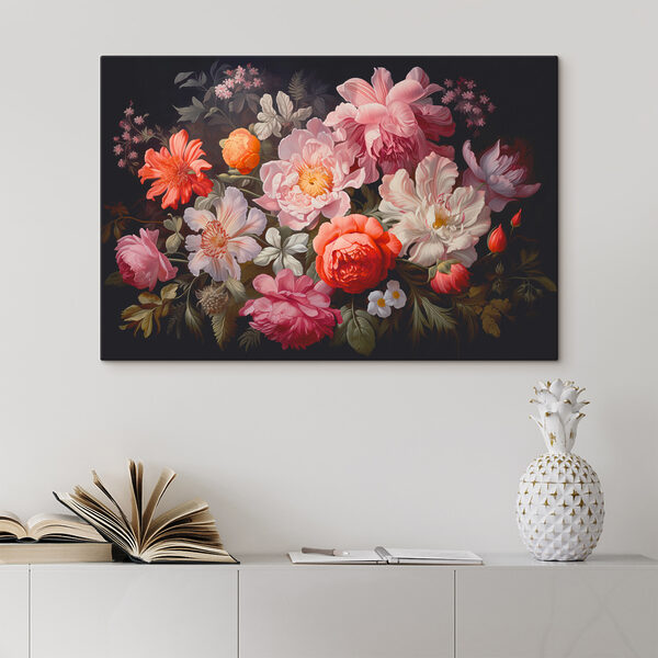 Een schilderij van bloemen op een zwarte achtergrond Een schilderij van bloemen op een zwarte achtergrond