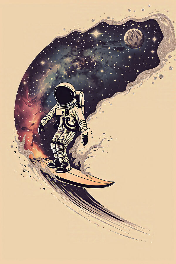 Een astronaut op een surfplank Een astronaut op een surfplank