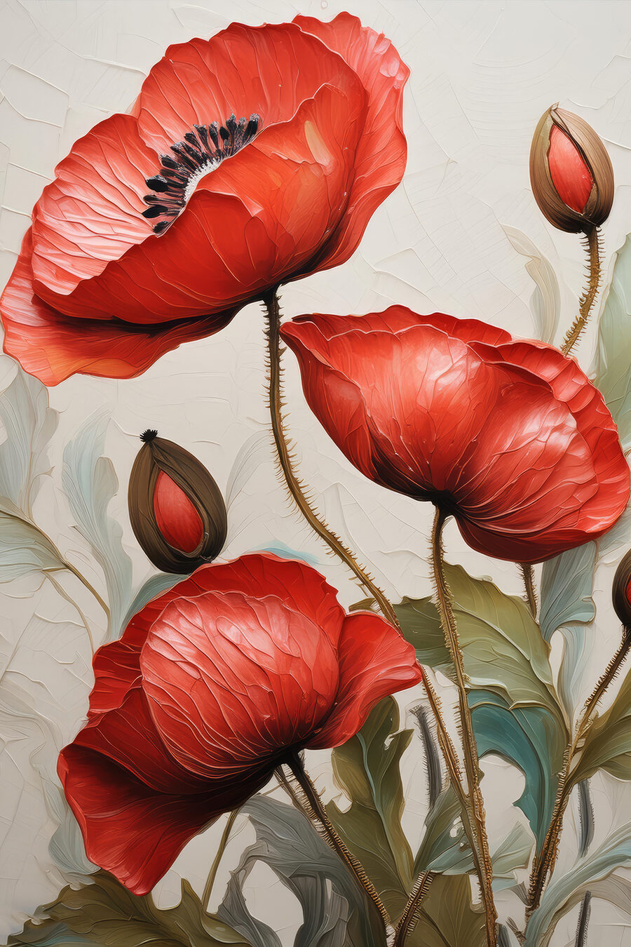 Een schilderij van rode bloemen