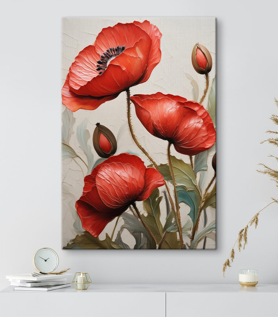 Een schilderij van rode bloemen