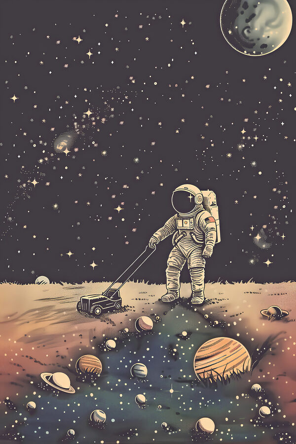 Een astronaut trekt een grasmaaier in de ruimte Een astronaut trekt een grasmaaier in de ruimte