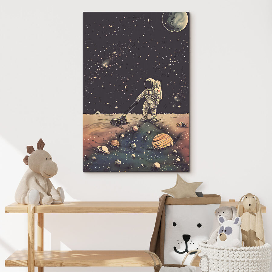 Een astronaut trekt een grasmaaier in de ruimte