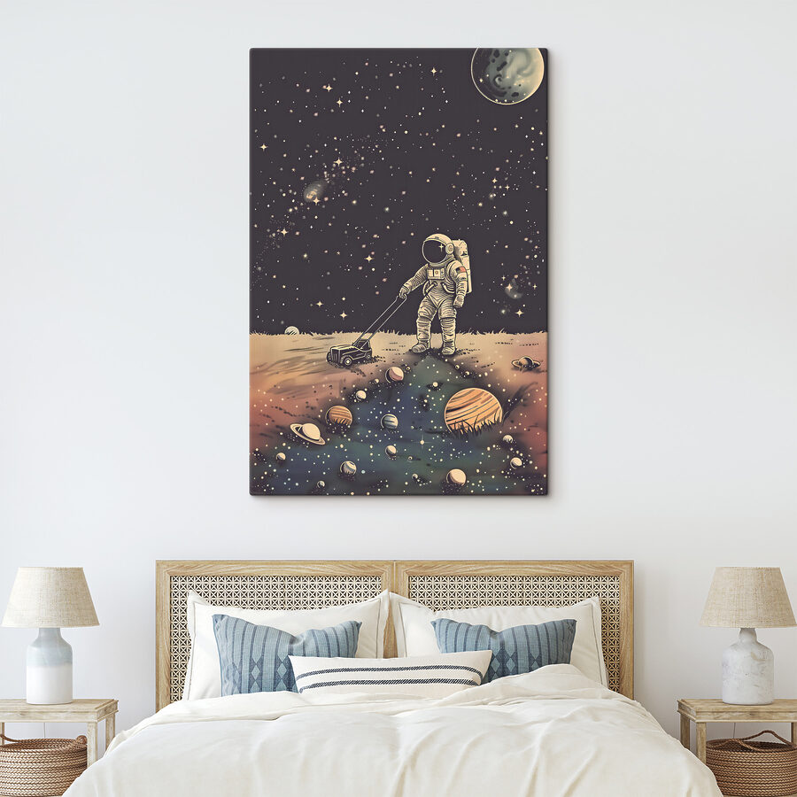 Een astronaut trekt een grasmaaier in de ruimte
