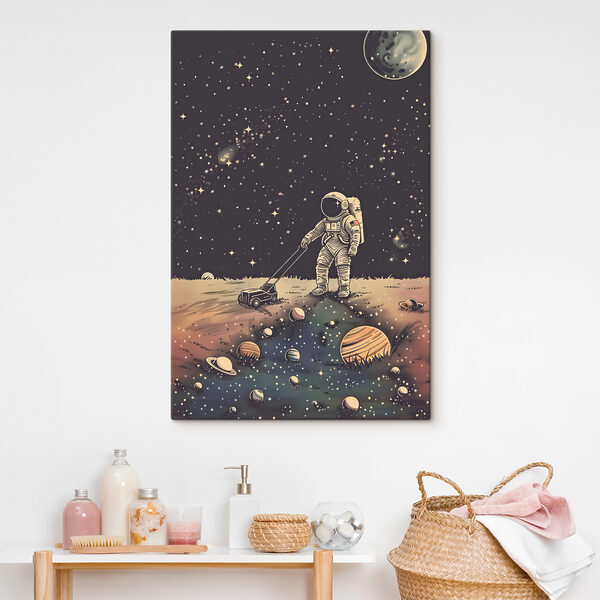 Een astronaut trekt een grasmaaier in de ruimte Een astronaut trekt een grasmaaier in de ruimte