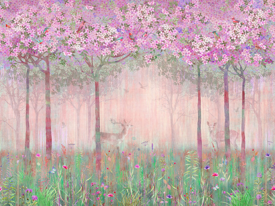 Een schilderij van een bos met roze bloemen en bomen