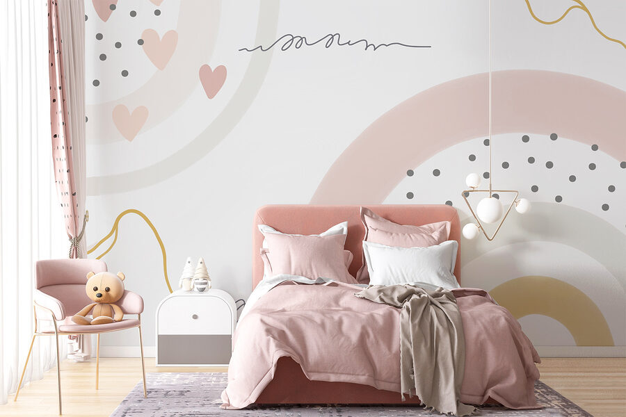Fotobehang Een witte achtergrond met roze en grijze cirkels en stippen