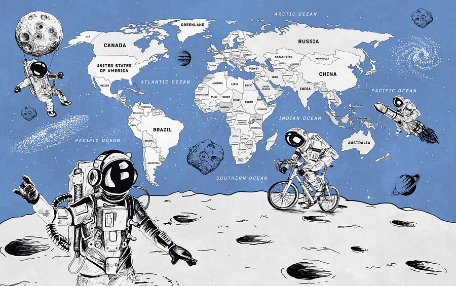 Een tekening van twee astronauten op de maan