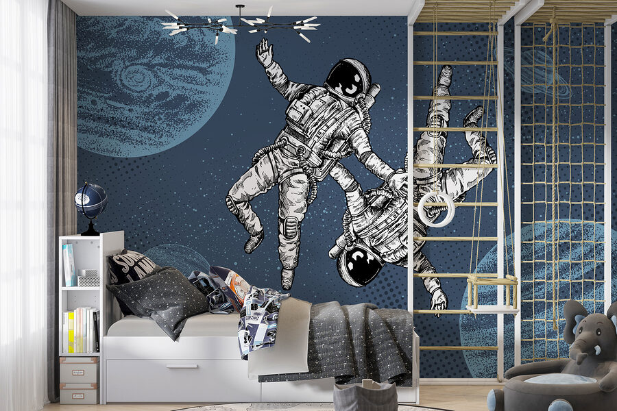 Twee astronauten zweven in de ruimte