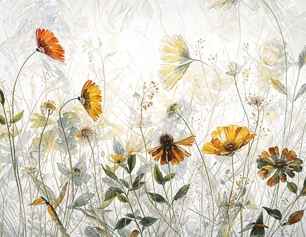 Een schilderij van bloemen en bladeren Een schilderij van bloemen en bladeren