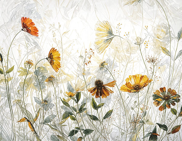 Een schilderij van bloemen en bladeren Een schilderij van bloemen en bladeren
