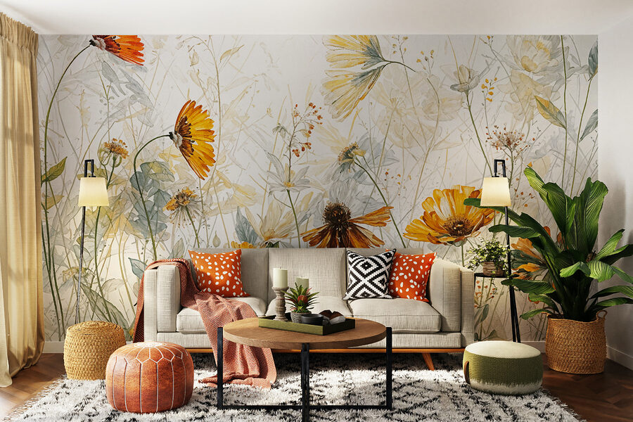Een schilderij van bloemen en bladeren Een schilderij van bloemen en bladeren