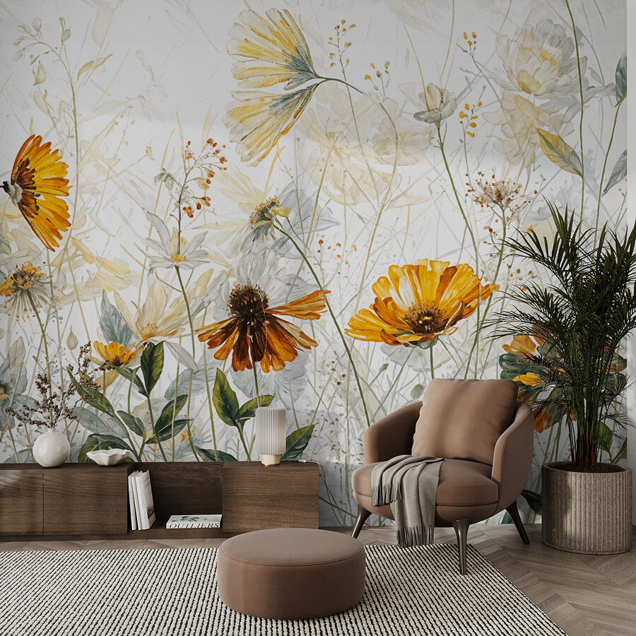 Een schilderij van bloemen en bladeren Een schilderij van bloemen en bladeren
