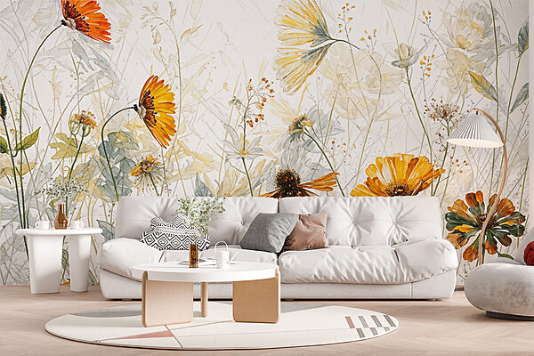 Een schilderij van bloemen en bladeren Een schilderij van bloemen en bladeren