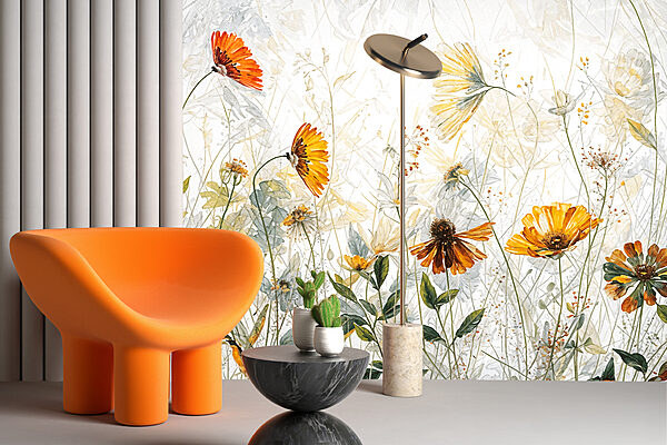 Een schilderij van bloemen en bladeren Een schilderij van bloemen en bladeren