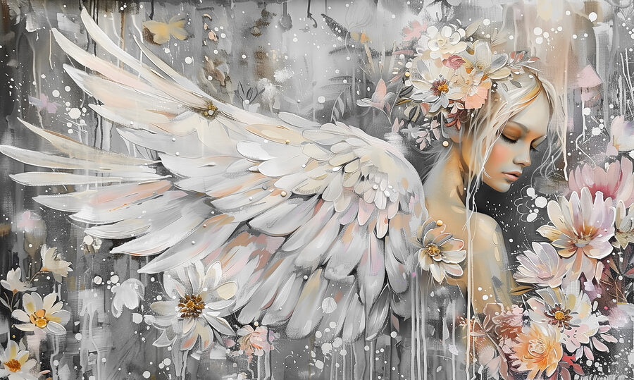 Een schilderij van een vrouw met vleugels en bloemen