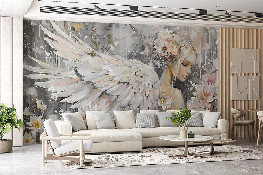 Een schilderij van een vrouw met vleugels en bloemen