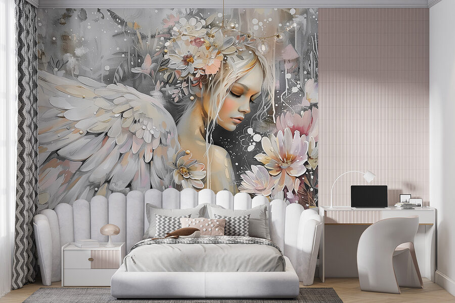 Een schilderij van een vrouw met vleugels en bloemen