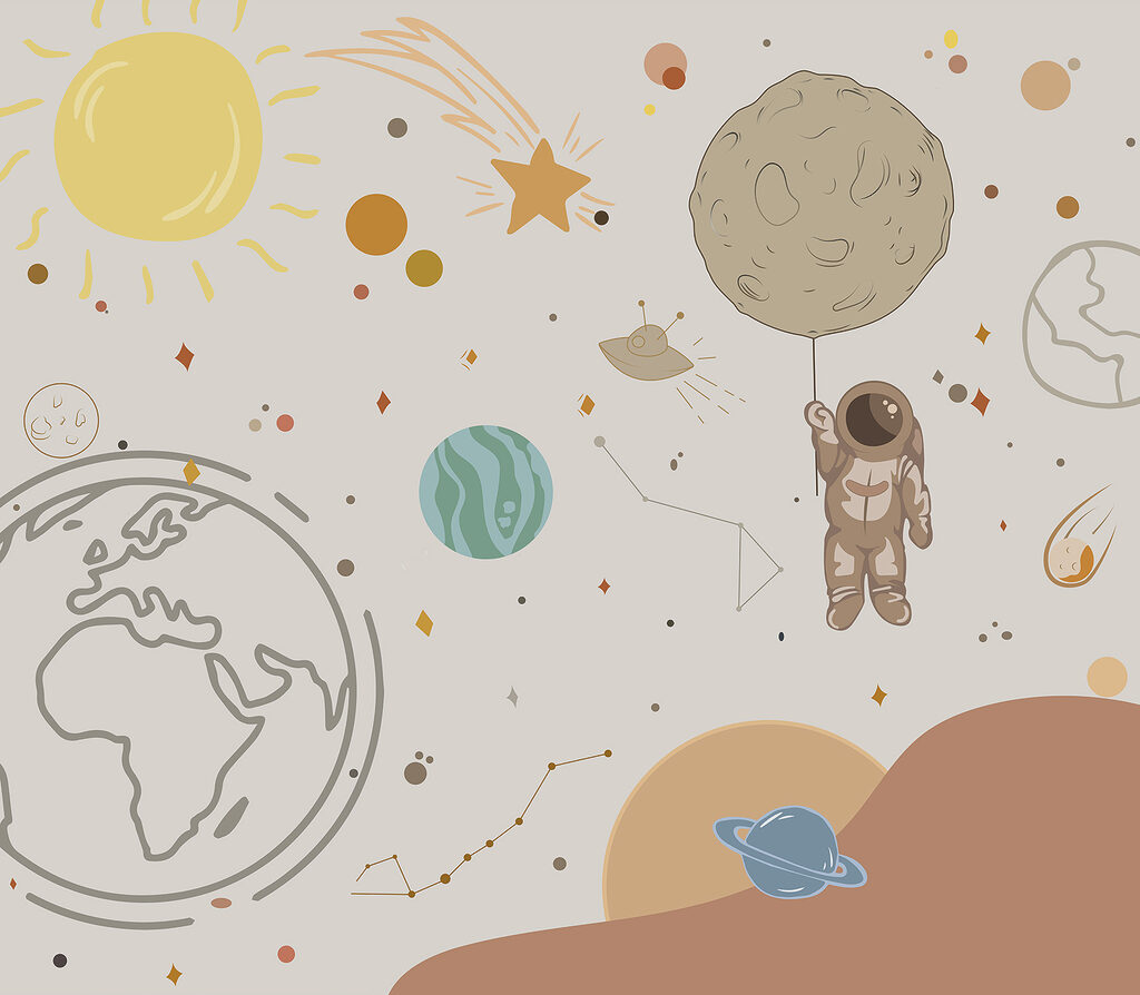 Een cartoon van een astronaut die een planeet vasthoudt in de ruimte Een cartoon van een astronaut die een planeet vasthoudt in de ruimte