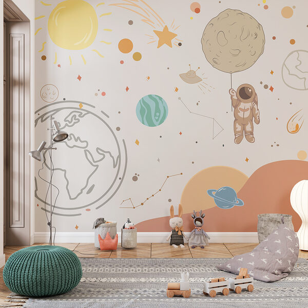 Een cartoon van een astronaut die een planeet vasthoudt in de ruimte Een cartoon van een astronaut die een planeet vasthoudt in de ruimte