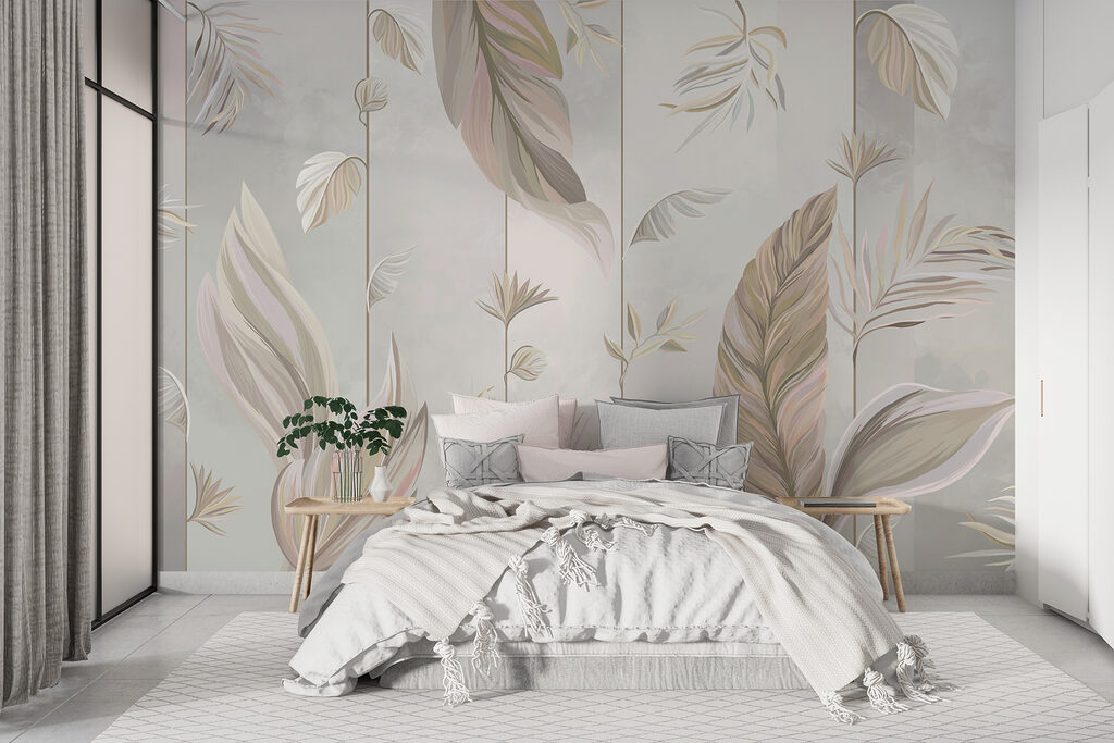 A wallpaper with leaves and flowers A wallpaper with leaves and flowers