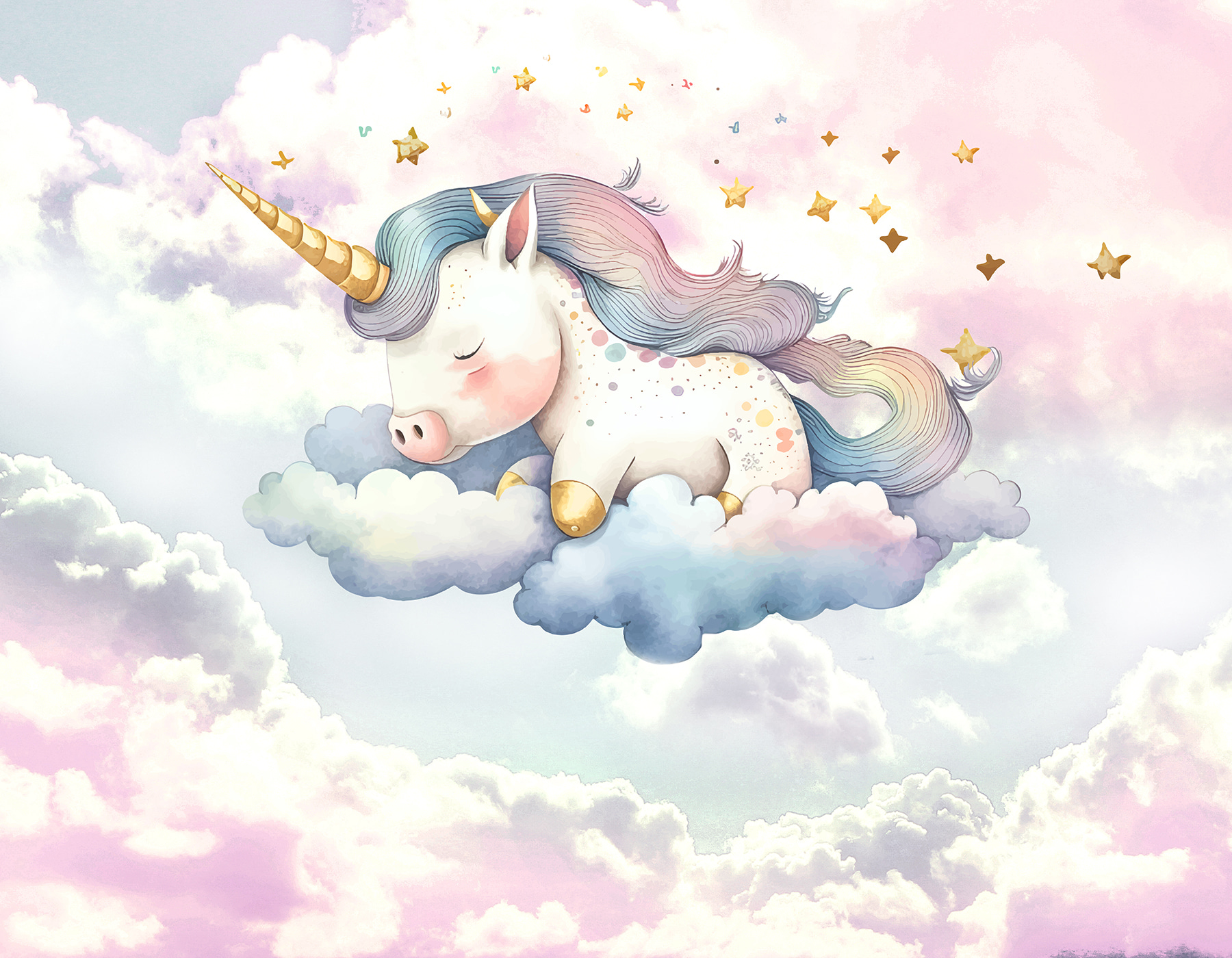 A unicorn sleeping on clouds