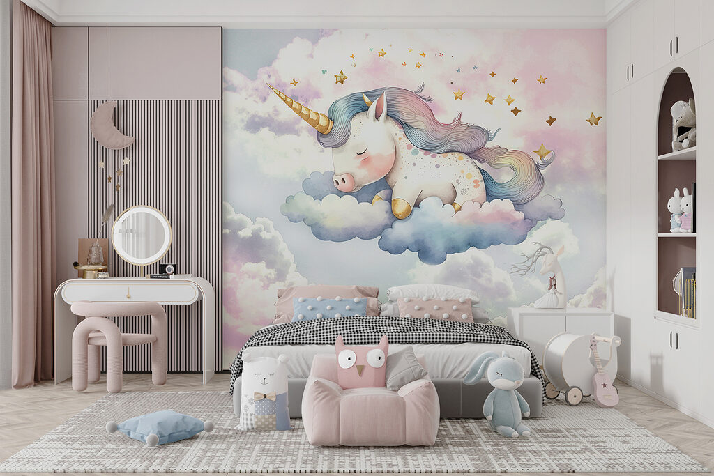 A unicorn sleeping on clouds