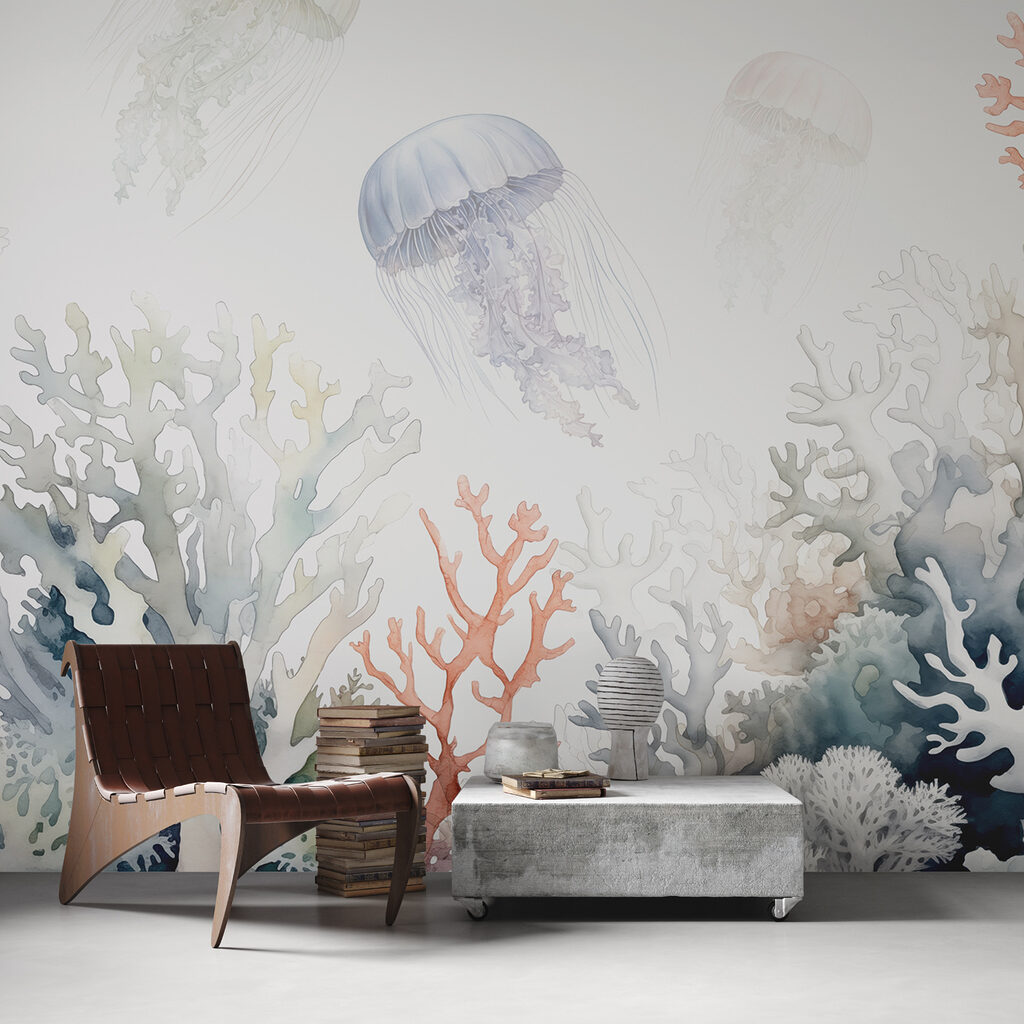 A group of jellyfish and corals A group of jellyfish and corals