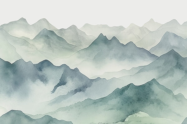 Een aquarel van bergen en mist Een aquarel van bergen en mist