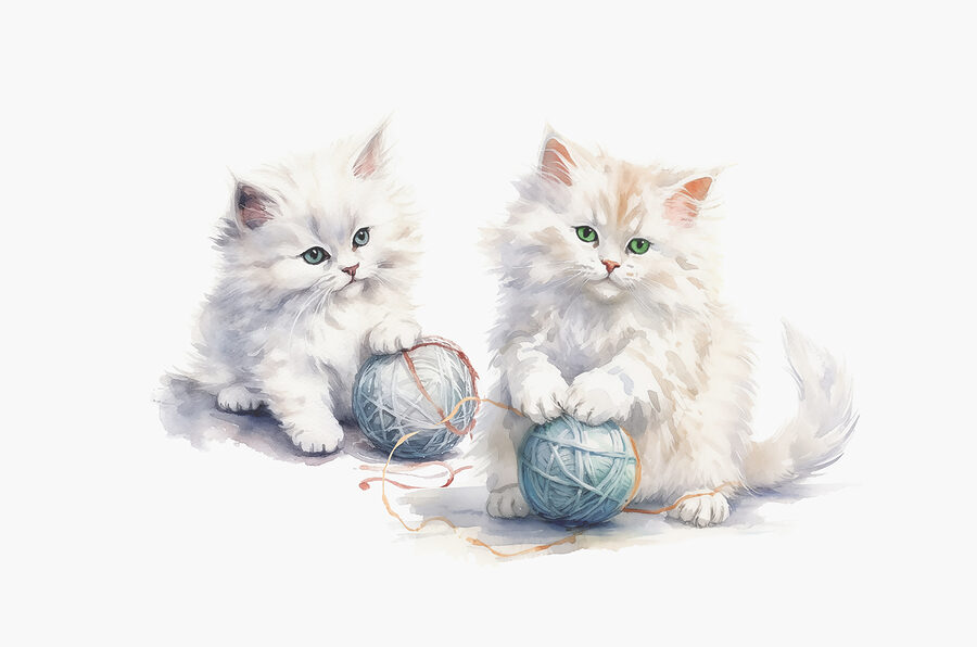 Een aquarel van twee katjes die met garen spelen
