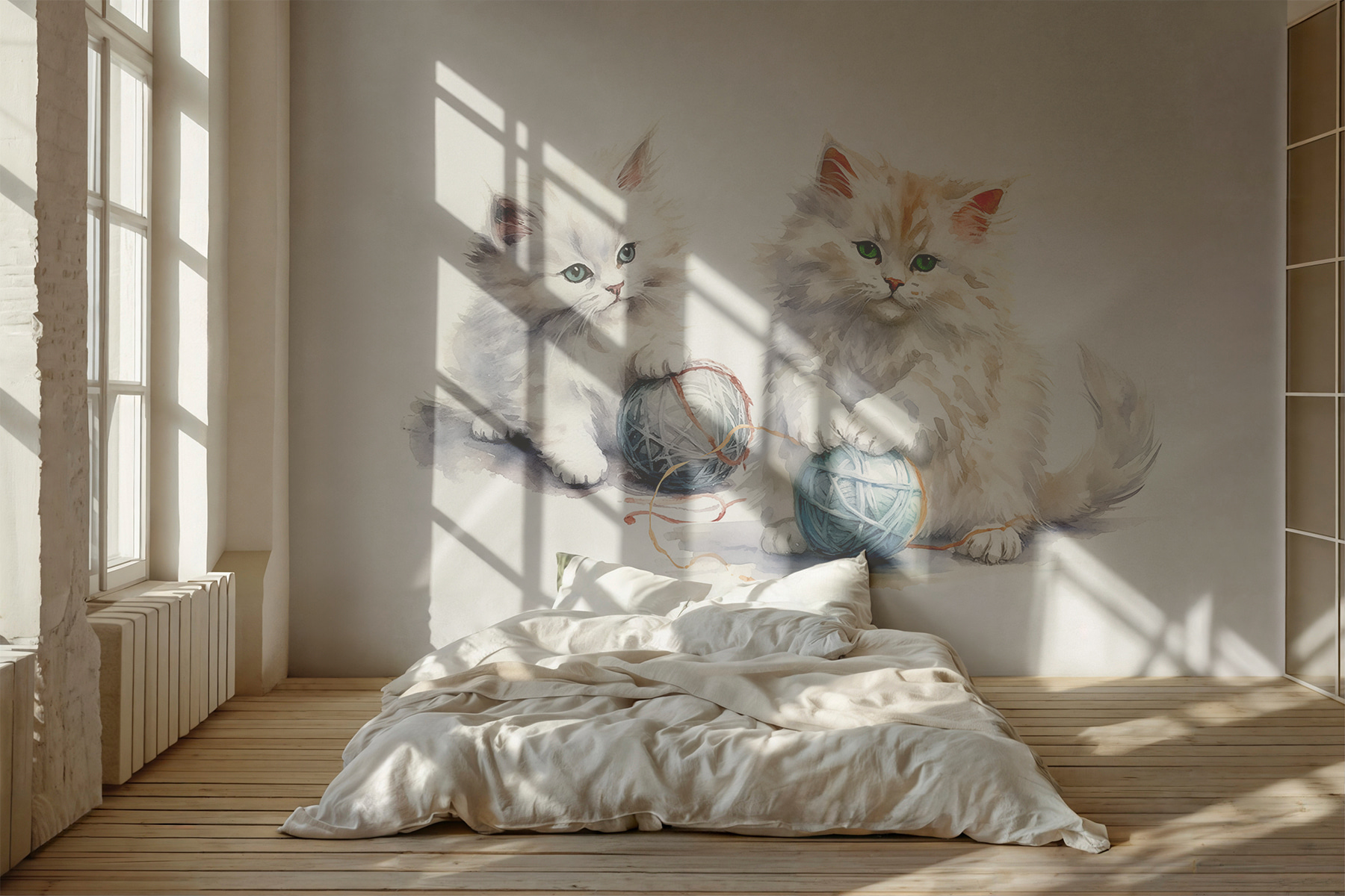 A watercolor of two kittens playing with yarn A watercolor of two kittens playing with yarn