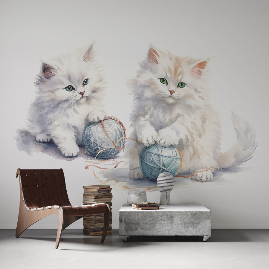Een aquarel van twee katjes die met garen spelen