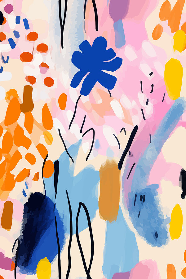 A colorful painting of flowers and leaves
