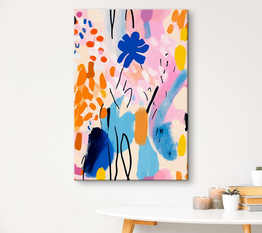 A colorful painting of flowers and leaves
