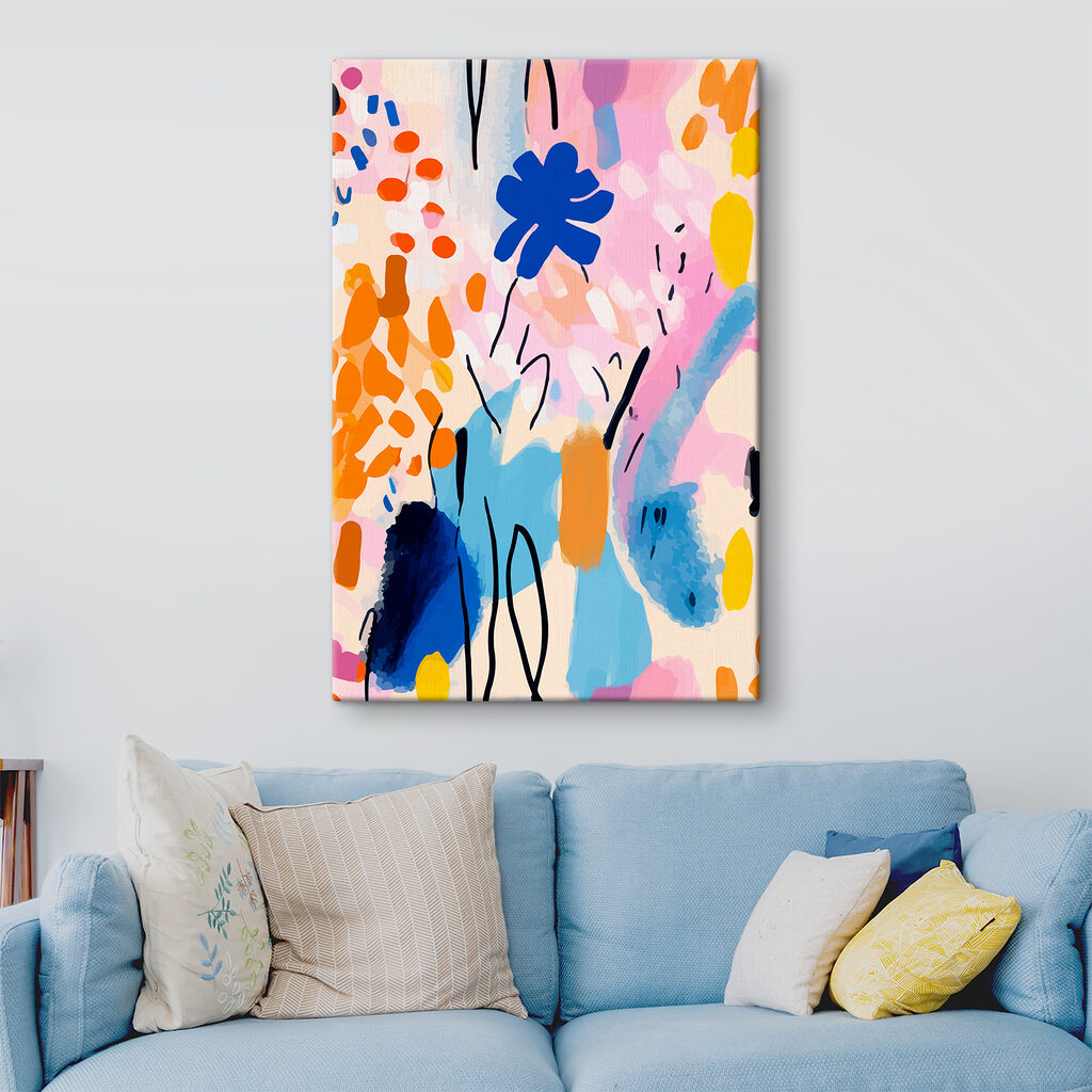 A colorful painting of flowers and leaves