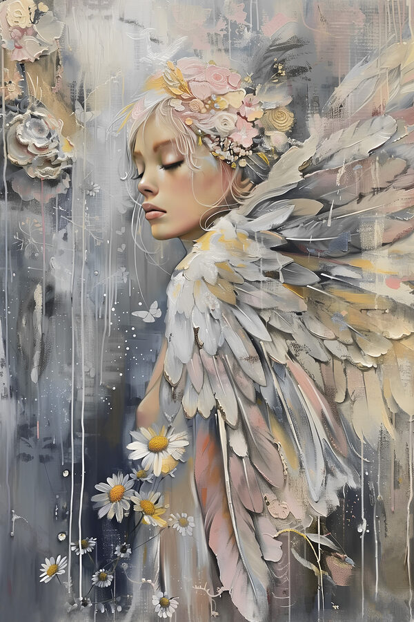 A painting of a woman with wings and flowers A painting of a woman with wings and flowers