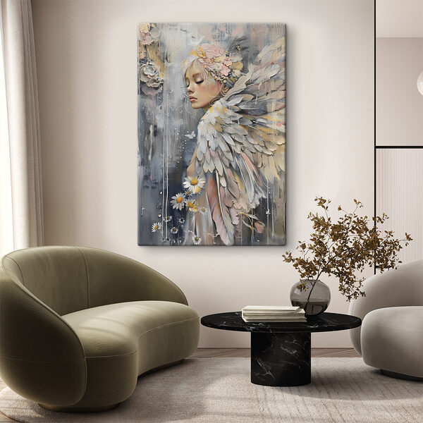 A painting of a woman with wings and flowers A painting of a woman with wings and flowers
