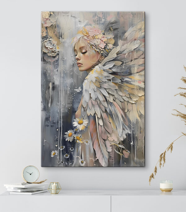 A painting of a woman with wings and flowers A painting of a woman with wings and flowers